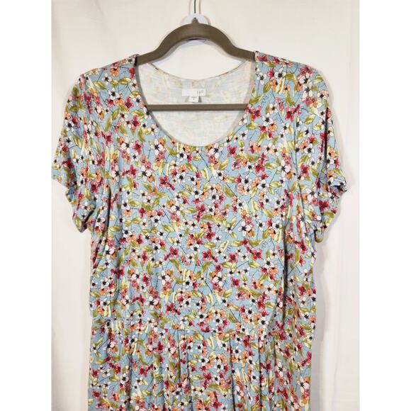 J. Jill $99 Medium Blue Pink Green Floral Overlay Stretch Knit Dress w/ Pockets - Picture 3 of 14